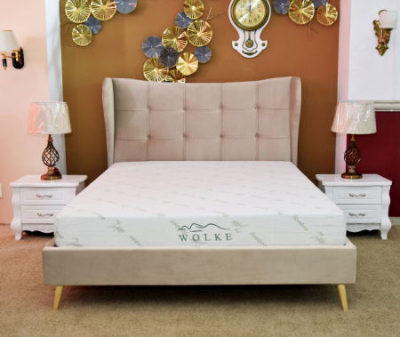 Produse - Pat Almera 160x200 cm Tapitat Catifea Bej Somiera Inclusa