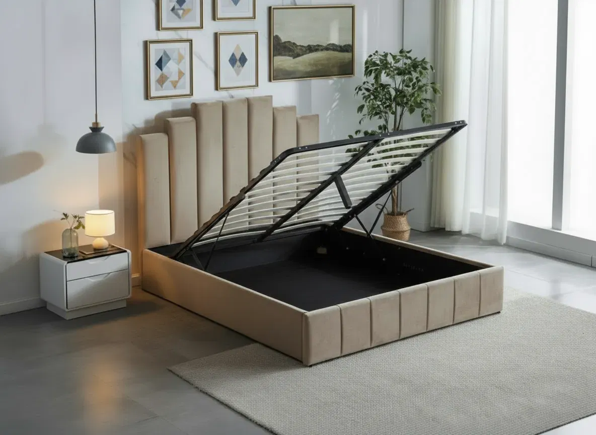 Produse - Pat Cadiz 160x200 cm Lada Depozitare Tapitat Catifea Bej