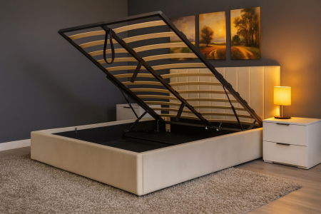 Produse - Pat Celine 160x200 cm Lada Depozitare Tapitat Catifea Nuanta Ivory Somiera Inclusa MB32