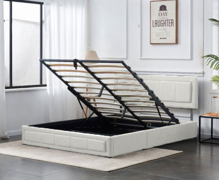 Produse - Pat Daily 160x200 cm Lada Depozitare Tapitat Catifea Nuanta Crem Somiera Inclusa