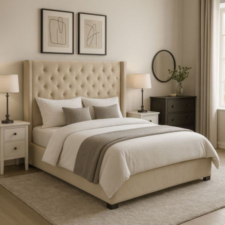 Produse - Pat Miraj 160x200 cm Tapitat Catifea Bej Somiera Inclusa ML1619