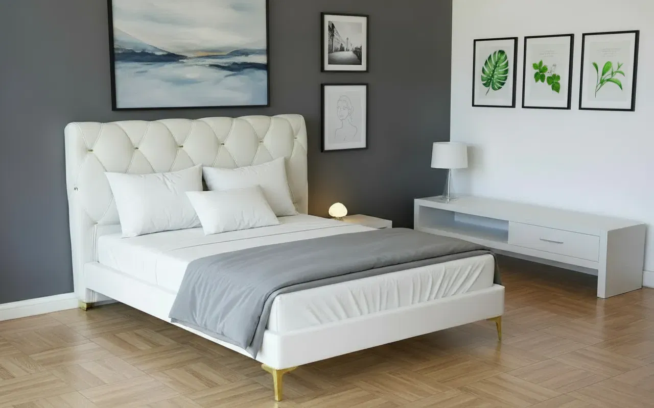 Produse - Pat Myra 160x190 cm Tapitat Catifea Nuanta Crem Somiera Inclusa (cod RC80)