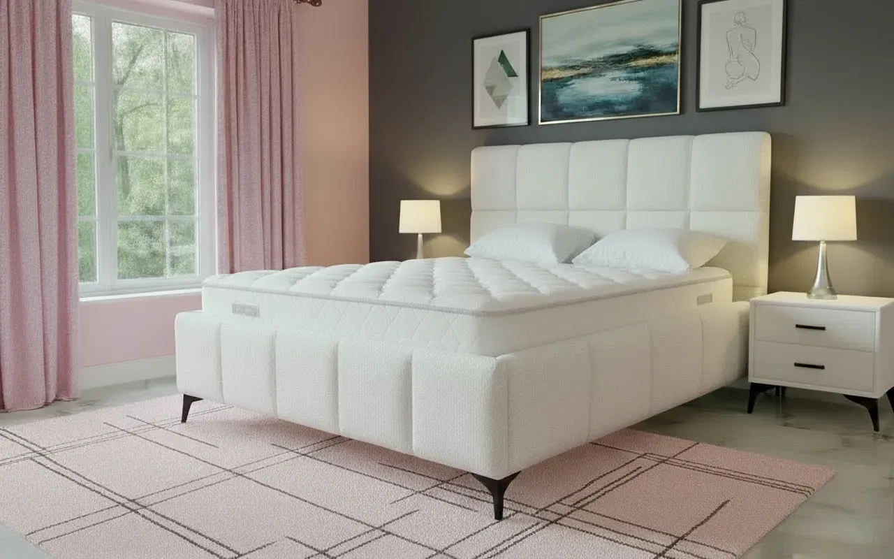 Produse - Pat Rubik 160x200 cm Tapitat Stofa Teddy Alb/Crem Somiera Inclusa