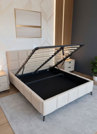 Produse - PAT RUBIK 160X200 CU LADA DE DEPOZITARE CATIFEA CREM