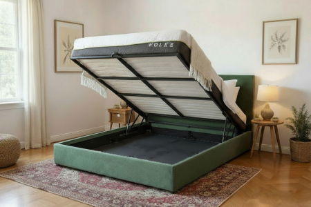 Produse - Pat Star 160x200 cm Lada Depozitare Tapitat Catifea Verde G28