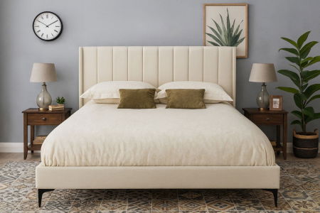 Produse - Pat Tossino 160x200 cm Tapitat Catifea Nuanta Ivory Somiera Inclusa Marketmob