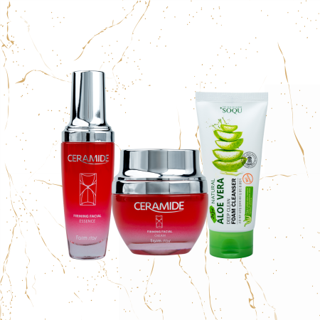 Promotie 2 + 1 Gratuit - SET pentru fermitate Farmstay Ceramide Firming + Spuma de curatare SOQU Jeju Natural Aloe Vera Deep Clean, 120 ml - GRATUIT