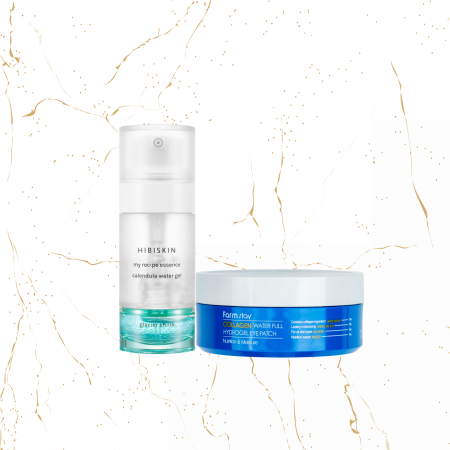 Promotie 2 + 1 Gratuit - SET hidratare si stralucire  Hibiskin Calendula & Glacier Shine + Patch-uri pentru ochi Farmstay Collagen Water Full Hydrogen, 90g - GRATUIT