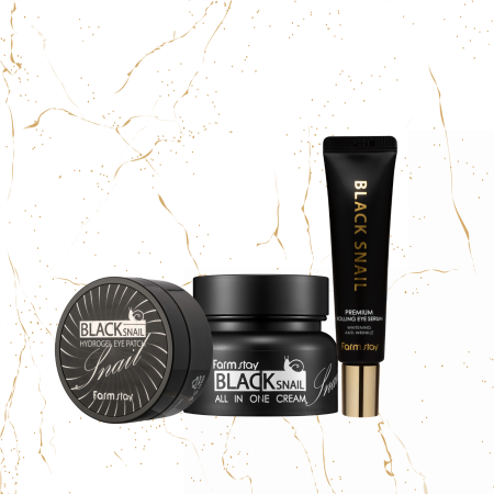 Seturi Cadou - SET cu extract de melc negru Farmstay Black Snail:Crema de fata cu extract de melc negru Farmstay Black Snail All-In One, 100ml + Patch-uri pentru ochi cu extract de melc negru Farmstay Black Snail Hy