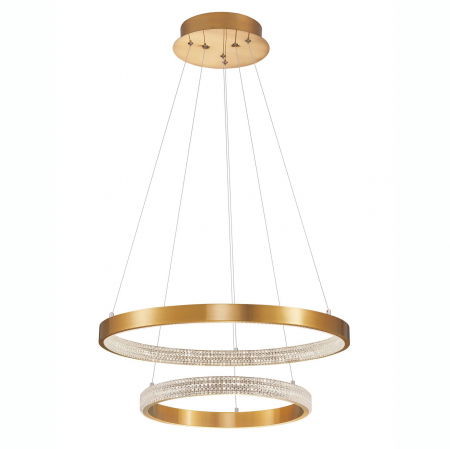 Lustre Dormitor - Lustra aurie Aliz Ø60 cm cu doua pendule rotunde ajustabile si cristale, LED dimabil, design lux, 9862852 - Novaluce