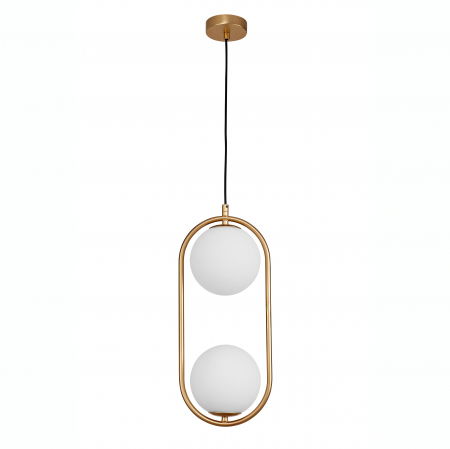 Lustre Dormitor - Lustra aurie cu 2 globuri albe sticla Luna 20x48 cm, design modern, 9988171 - Novaluce