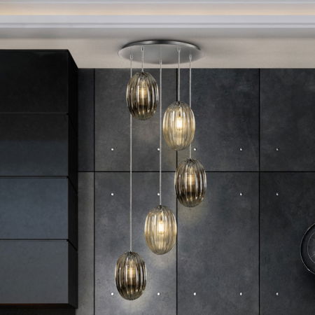 Lustre Dormitor - Lustra dimabila lux inalta Kati 5 pendule sticla texturata fumurie sampanie, inaltime reglabila, 752268 - Schuller