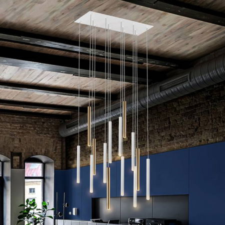 Lustre Dormitor - Lustra inalta LED dimabila diverse culori Kimber, 14 pendule metal, inaltime reglabila, telecomanda, 373437GD - Schuller