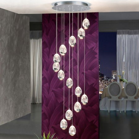 Lustre - Lustra inalta LED dimabila Bluetooth rotunda lux crom/aurie Rikki, 14 abajururi din sticla cu bule decorative, inaltime reglabila, 785635B - Schuller