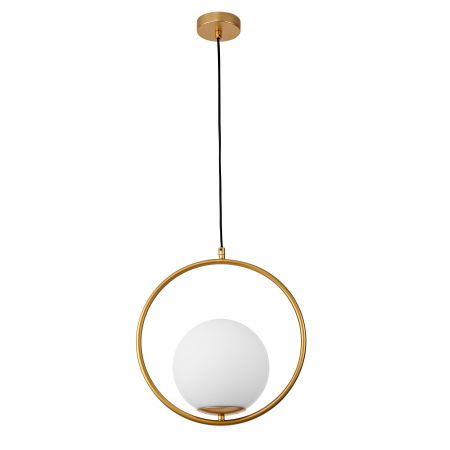 Lustre Dormitor - Lustra inel auriu cu glob alb sticla Luna 35 cm, design modern, 9988169 - Novaluce