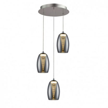 Lustre Dormitor - Lustra LED crom rotunda Loupi, 3 abajururi din sticla si policarbonat, inaltime reglabila, 584326 - Schuller