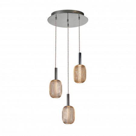 Lustre Dormitor - Lustra LED dimabila rotunda aurie Rikke, 3 pendule plasa metal, cilindru interior acrilic, inaltime reglabila, 413626 - Schuller