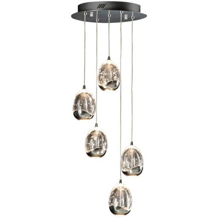 Lustre Dormitor - Lustra LED dimabila rotunda lux crom/aurie Rikki, 5 abajururi din sticla cu bule decorative, inaltime reglabila, 783517 - Schuller