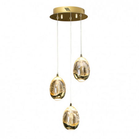 Lustre Dormitor - Lustra LED rotunda lux crom/aurie Rikki, 3 abajururi din sticla cu bule decorative, inaltime reglabila, 783741 - Schuller