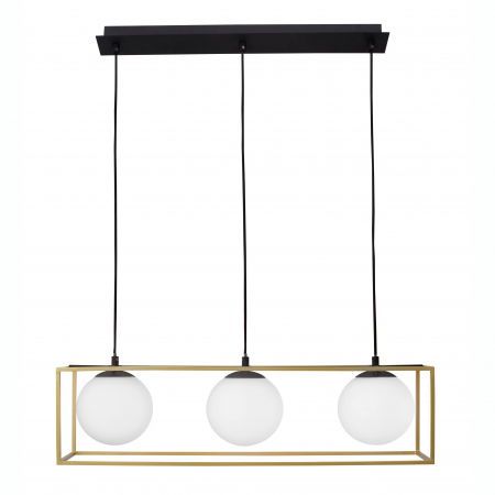 Lustre Dormitor - Lustra linie Leyla 70 cm, 3 globuri albe sticla, metal negru cu dreptunghi auriu, 9206402 - Novaluce