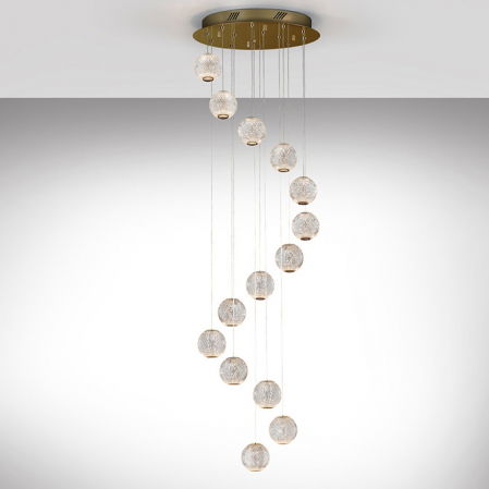 Lustre Dormitor - Lustra lux cu 14 surse LED rotunda Feli, sfere acril, baza metal auriu, inaltime reglabila, 354318 - Schuller