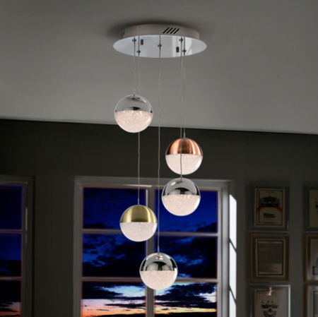 Lustre Dormitor - Lustra lux dimabila rotunda crom/colorata Dalos, Ø 33 cm, 5 globuri LED, inaltime reglabila, 793534 - Schuller