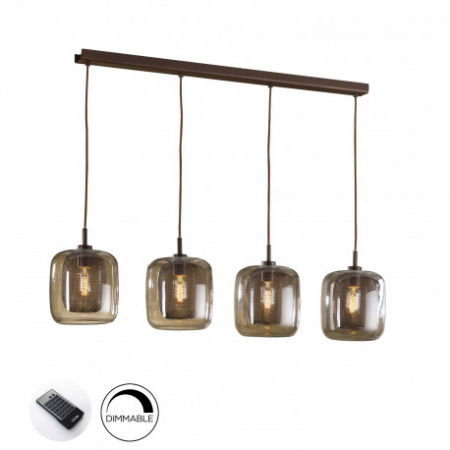 Lustre Dormitor - Lustra lux liniara Sabro, 4 pendule sticla maro cu mesh metalic interior, inaltime reglabila, cu telecomanda, 653422D - Schuller