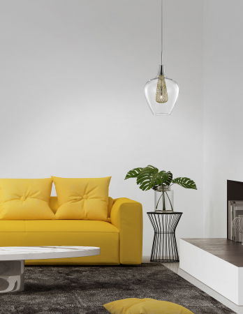 Lustra pe fir sticla transparenta Hari Ø18 cm, detalii impletite metal auriu, 1500202821 - Novaluce [1]