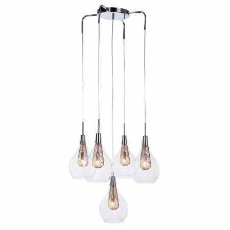 Lustre Dormitor - Lustra pendul Shiro 5 becuri inaltime asimetrica, abajur sticla transparenta, detalii metalice aurii si crom, AZ 1690 - Azzardo