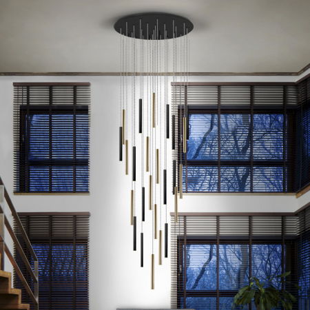 Lustre Dormitor - Plafoniera rotunda de lux cu 25 pendule negre si aurii LED dimabil Kimber Ø90 cm, 373968 - Schuller