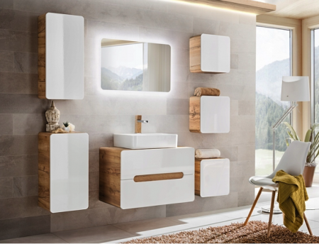Seturi mobilier baie - SET ARUBA WHITE II 80 CM, MDF ALB LUCIOS, STEJAR AURIU, LAVOAR APLICAT