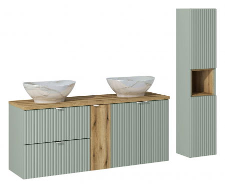 Seturi mobilier baie - Set baie masca cu usi, corp central si sertare + lavoar si dulap coloana Line Reed Green 140 cm