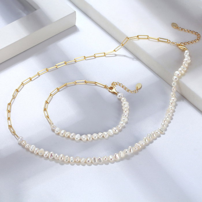 Brățară paperclip din argint cu perle naturale de cultură gold Raw Collection [5]