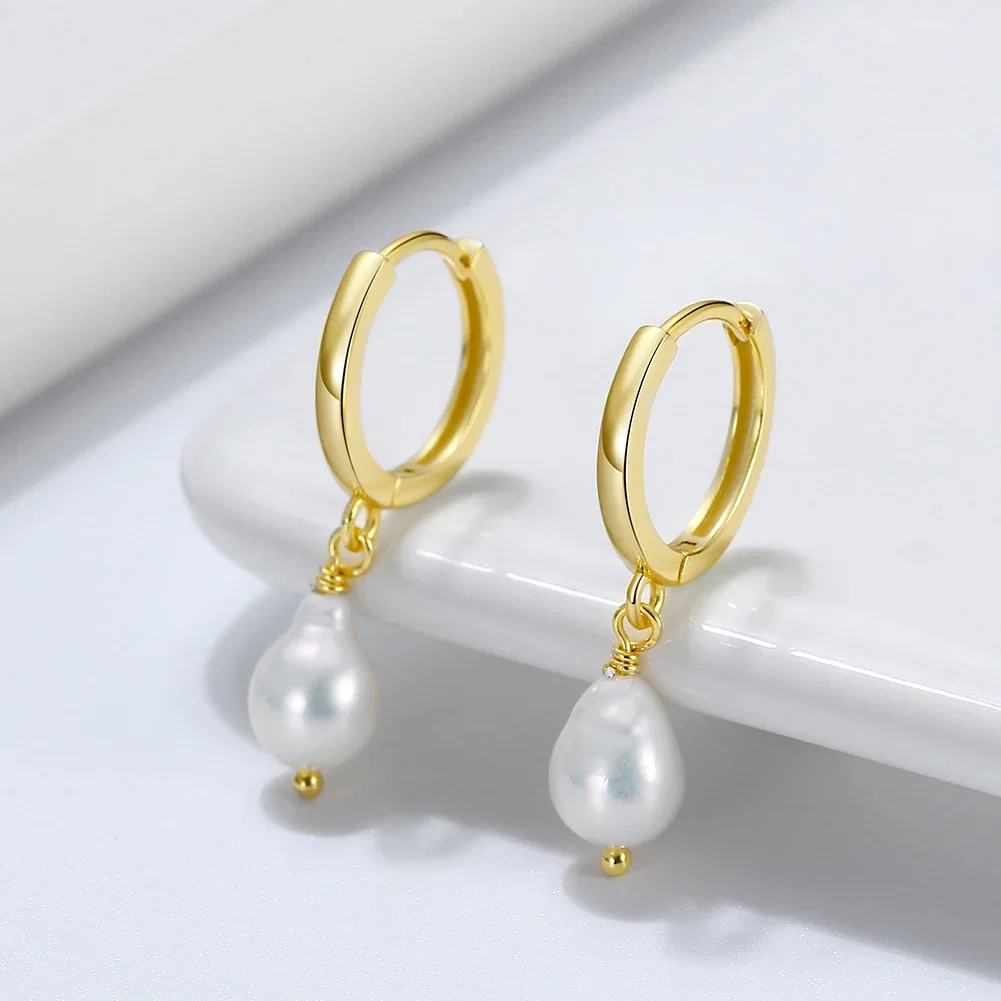 Cercei din Argint cu Perle Naturale de Cultură Huggie Earrings Gold [2]