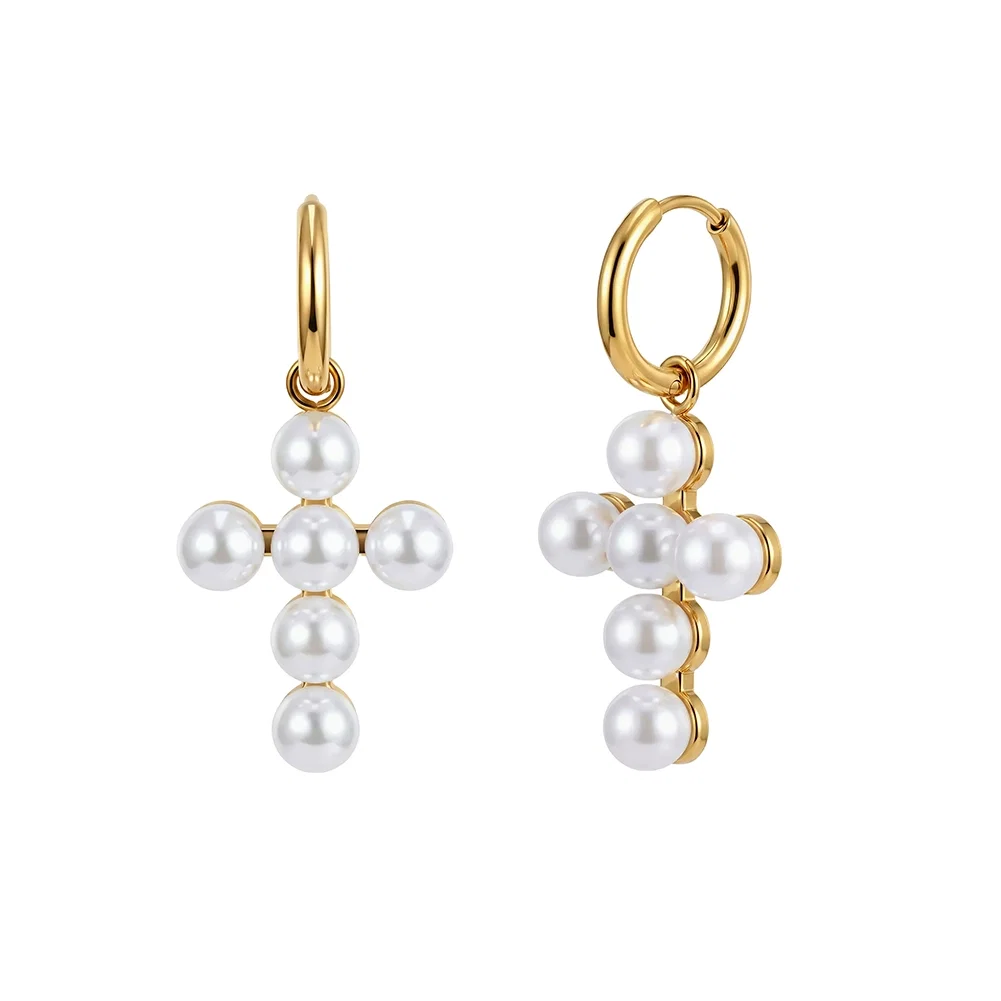 Cercei Statement cu Perle Shell Cross Auriu [1]