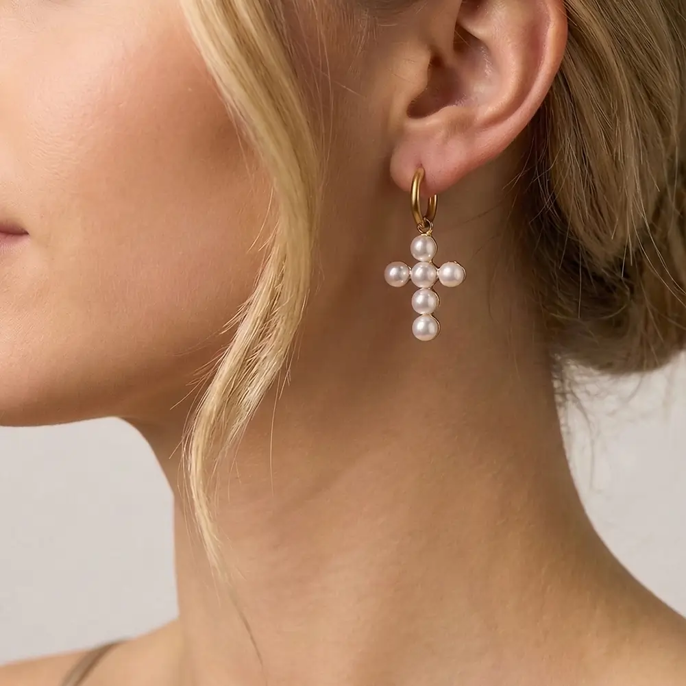 Cercei Statement cu Perle Shell Cross Auriu [2]