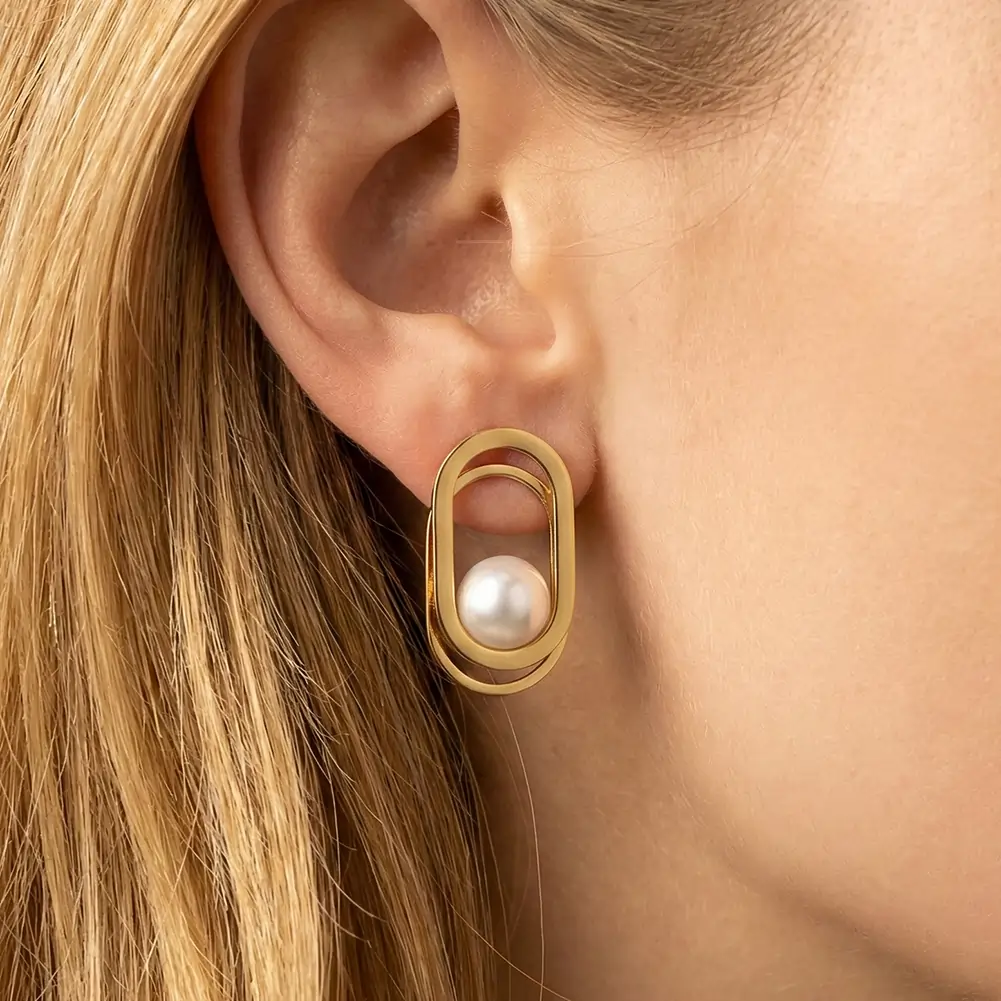 Cercei Statement cu Perle Shell Oval Auriu [4]