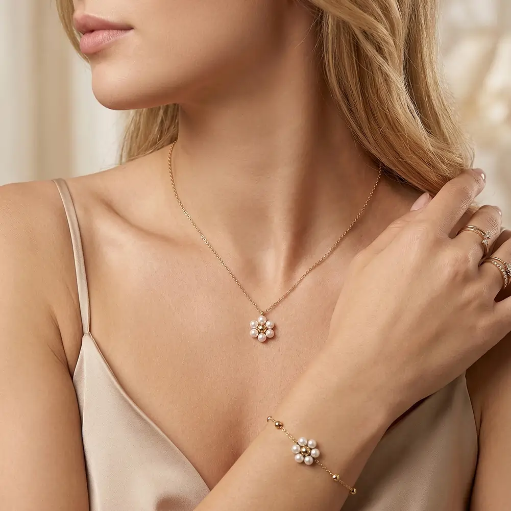 Colier Statement cu Perle Shell Blossom Auriu [4]