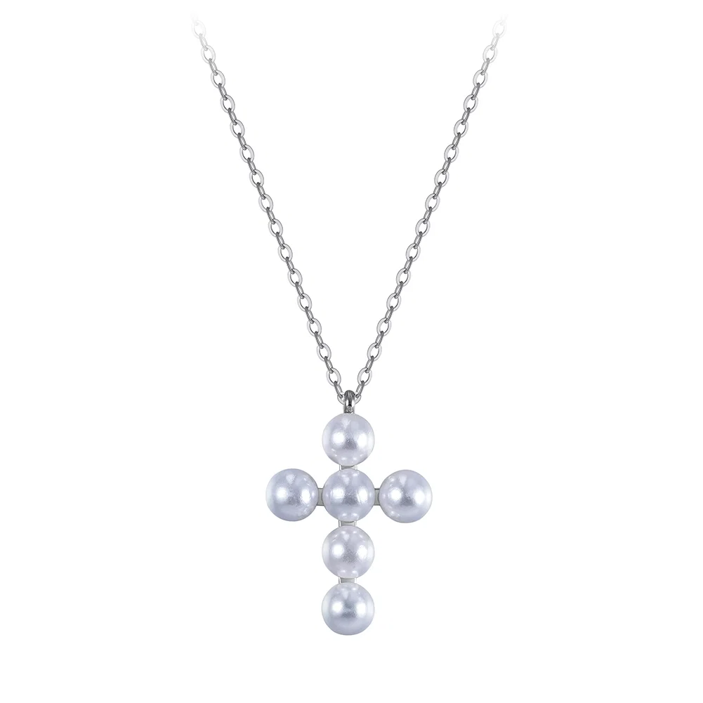 Set Colier și Cercei Statement cu Perle Shell Cross Argintiu [7]
