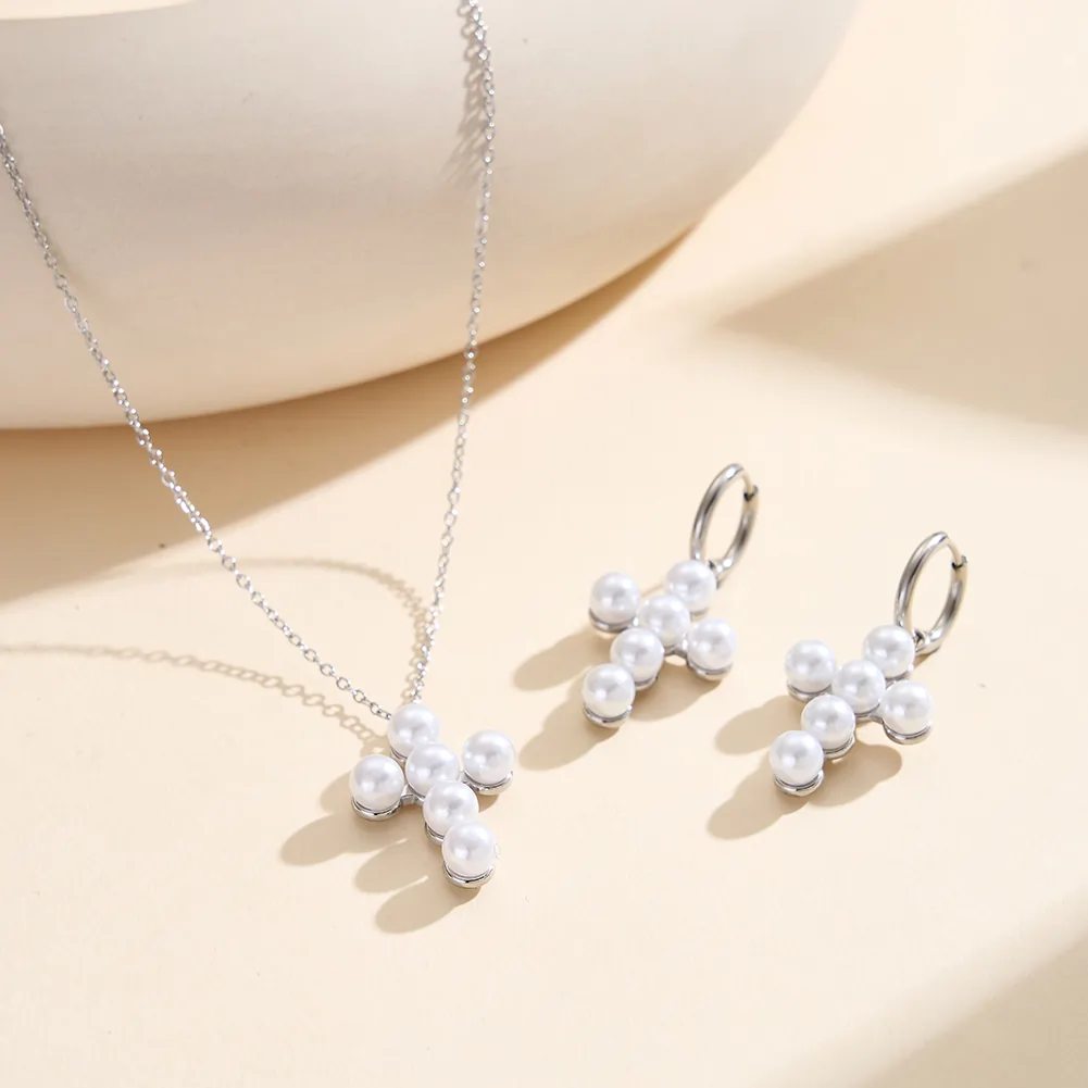 Colier Statement cu Perle Shell Cross Argintiu [3]