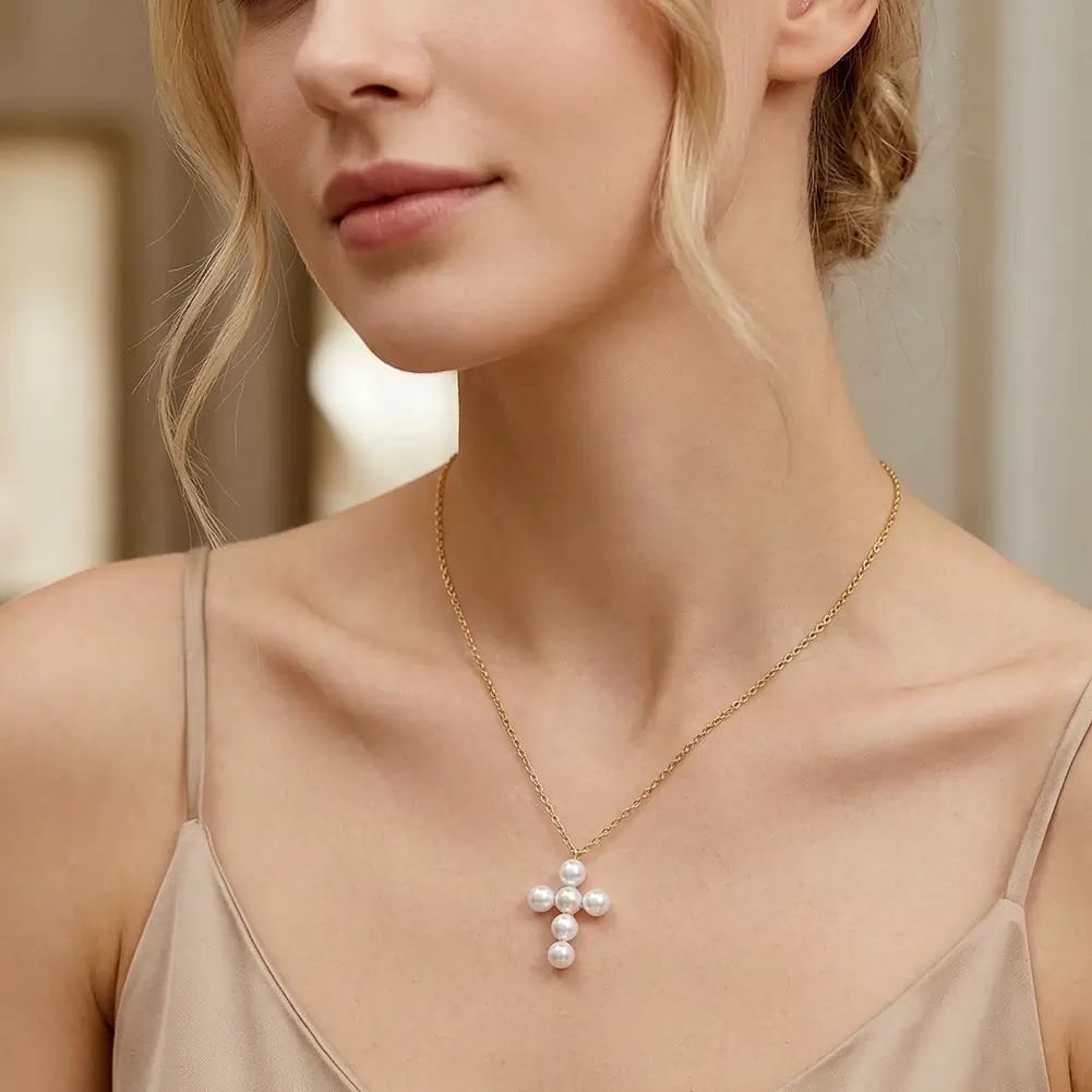 Colier Statement cu Perle Shell Cross Auriu [3]