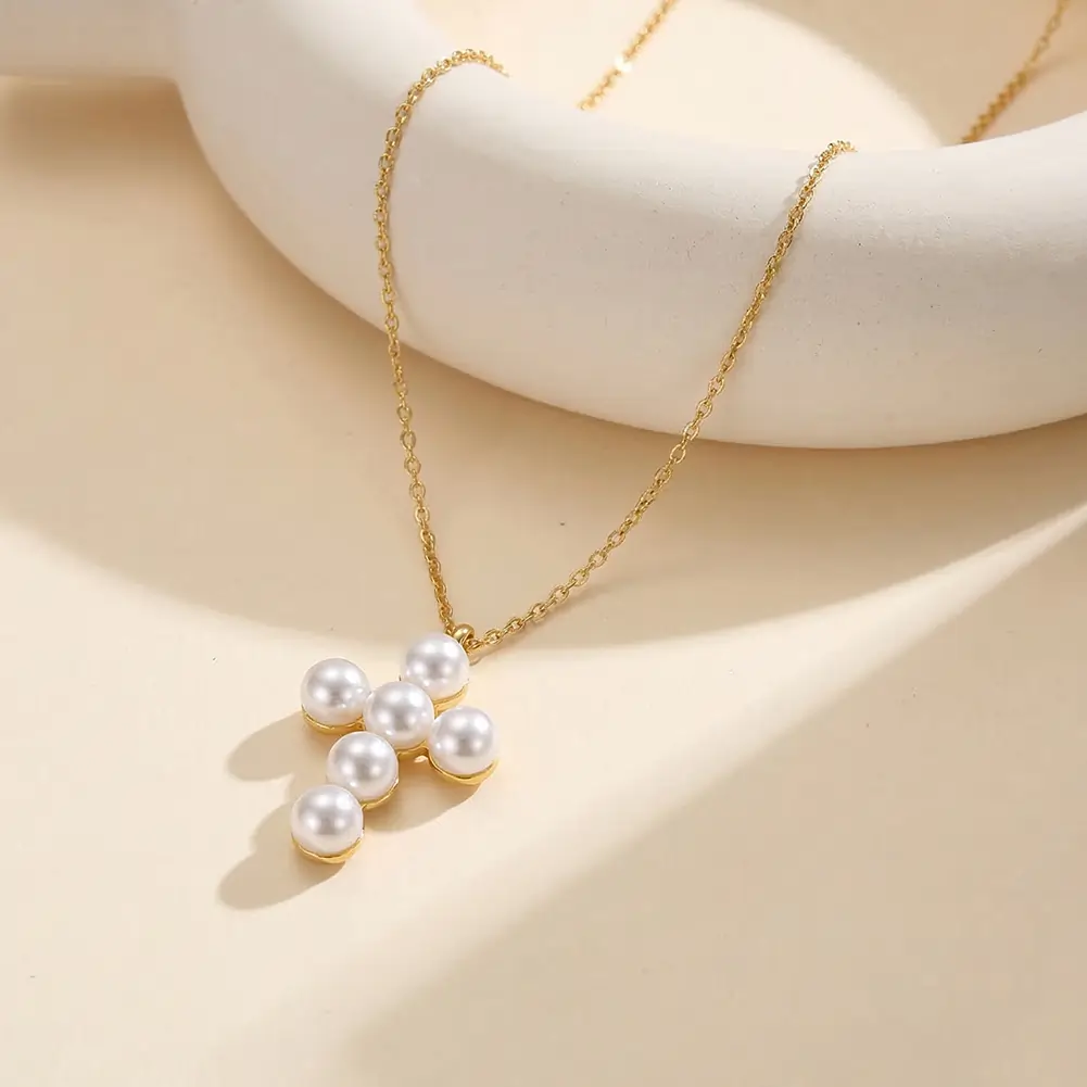 Colier Statement cu Perle Shell Cross Auriu [2]