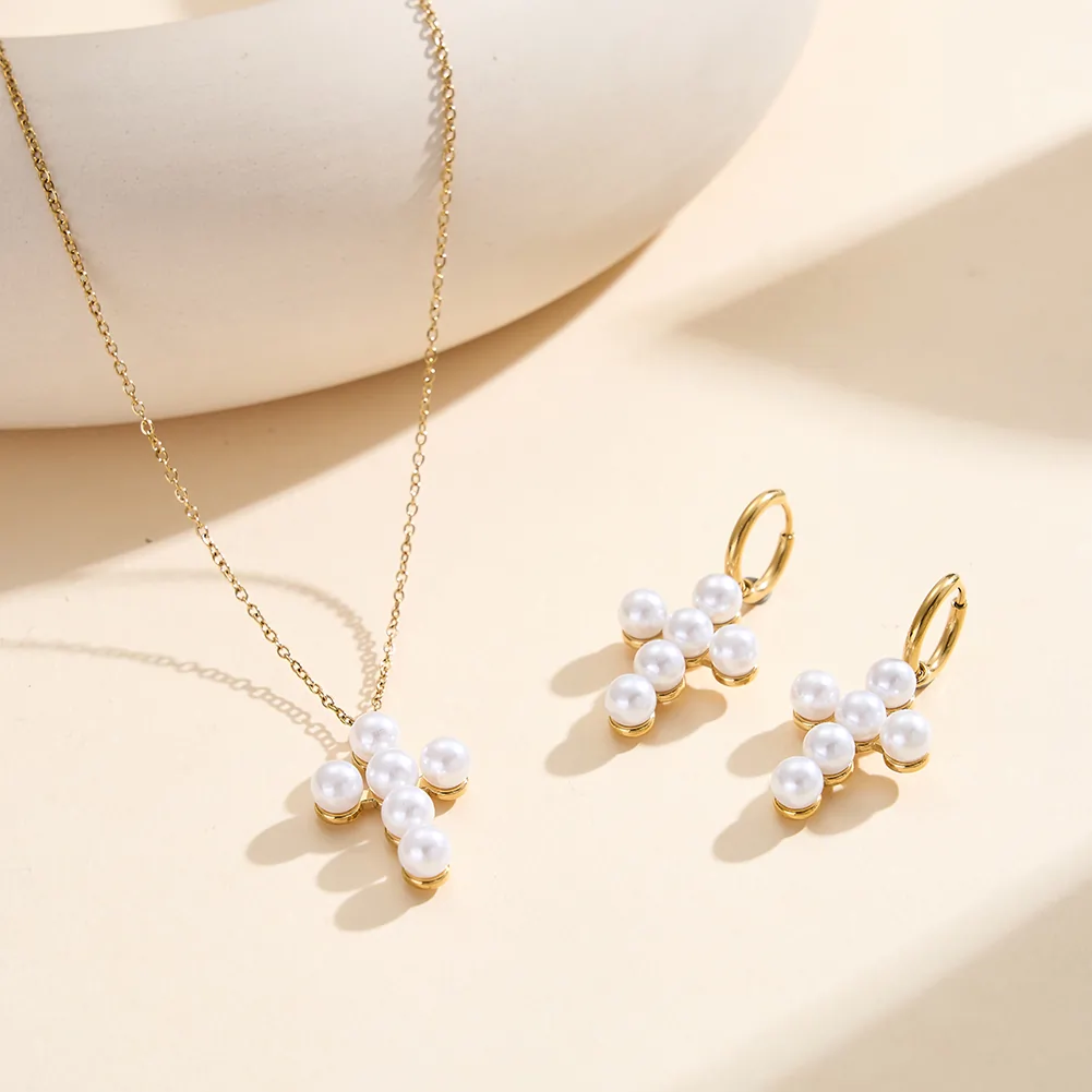 Colier Statement cu Perle Shell Cross Auriu [4]