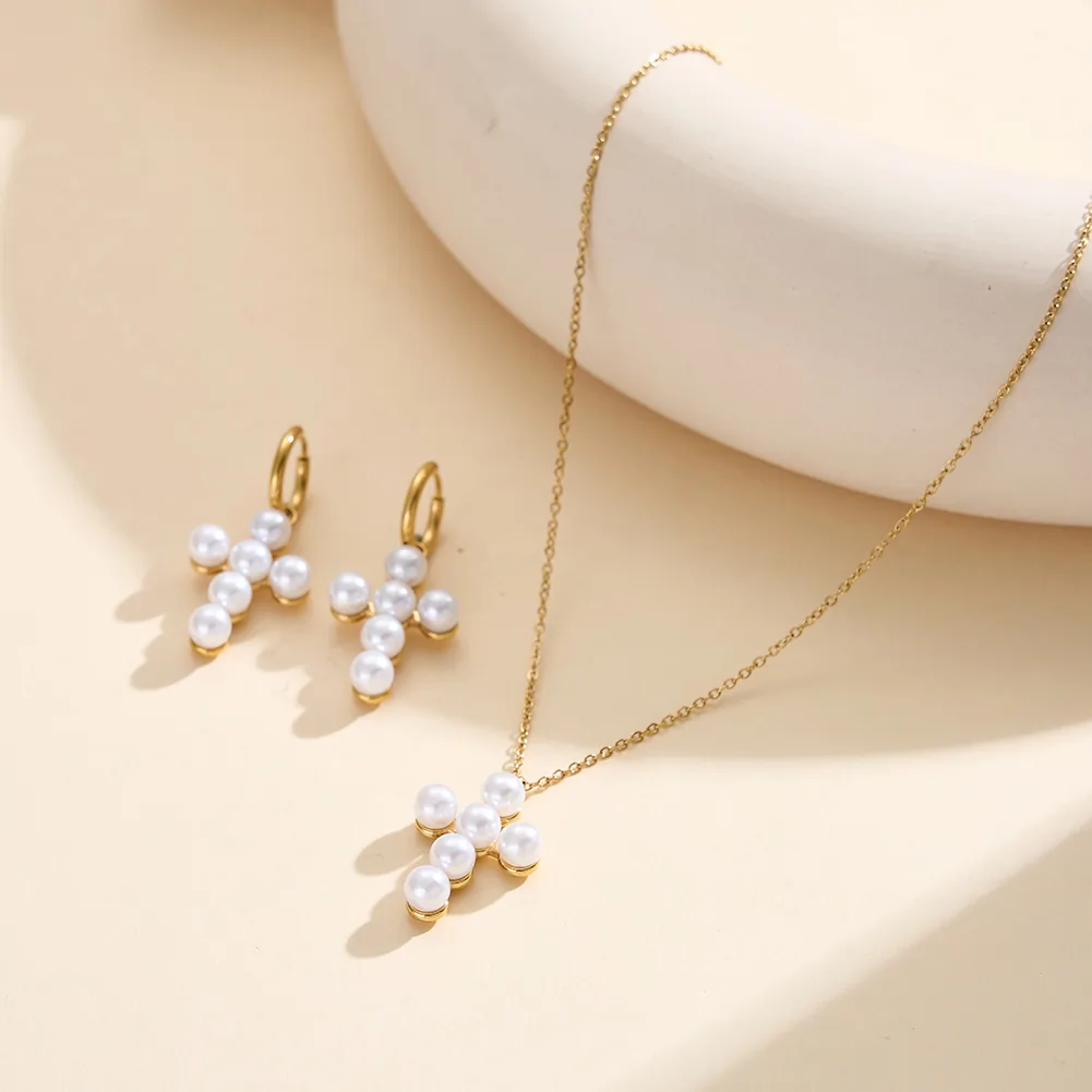 Colier Statement cu Perle Shell Cross Auriu [5]