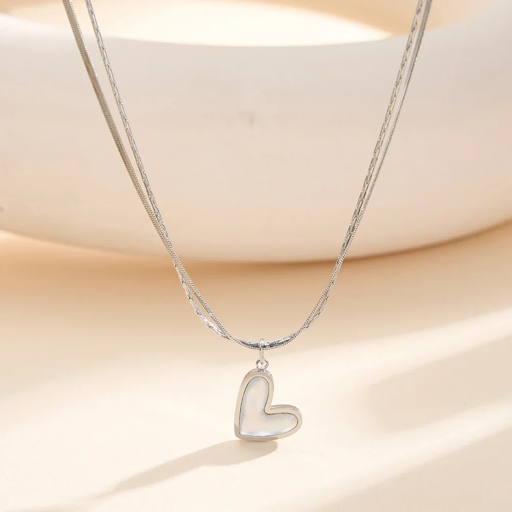 Colier Statement cu Perle Shell Duo Heart Argintiu [2]