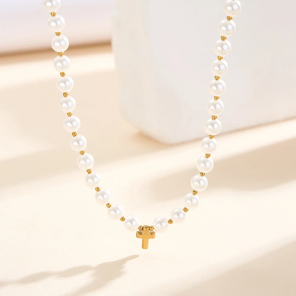 Colier Statement cu Perle Shell și Cruce Cruz Auriu [2]
