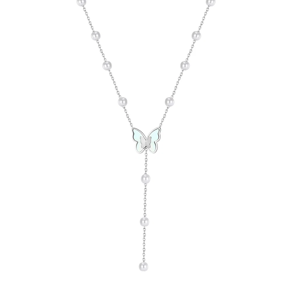 Set Colier și Cercei Statement cu Perle Shell și Sidef Fluture Flutter Argintiu [7]