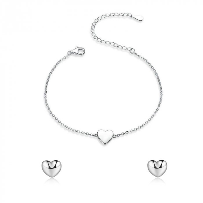 Set bijuterii din argint Plain Heart, brățară și cercei [1]