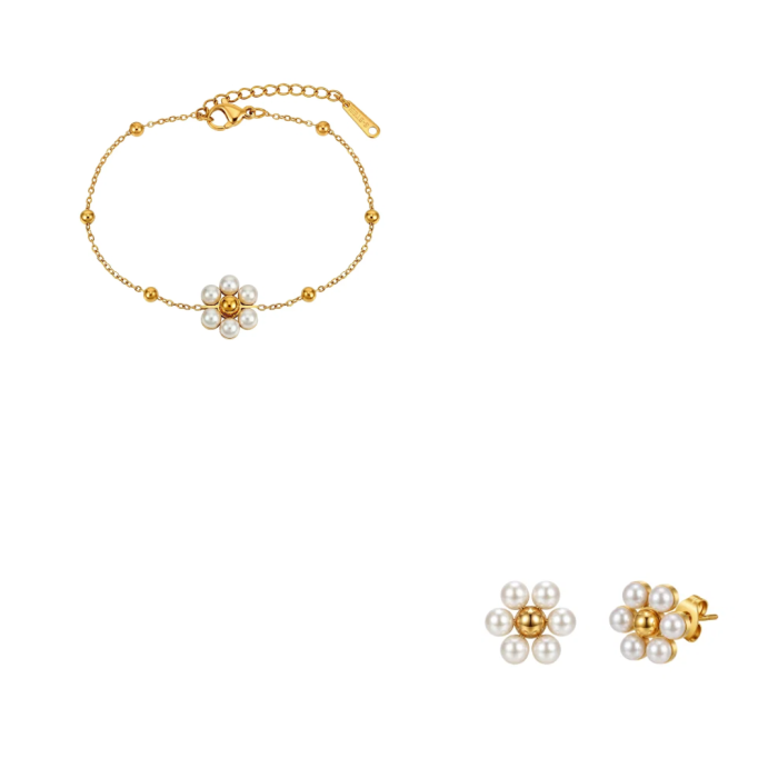 Set Brățară și Cercei Statement cu Perle Shell Blossom Auriu [1]