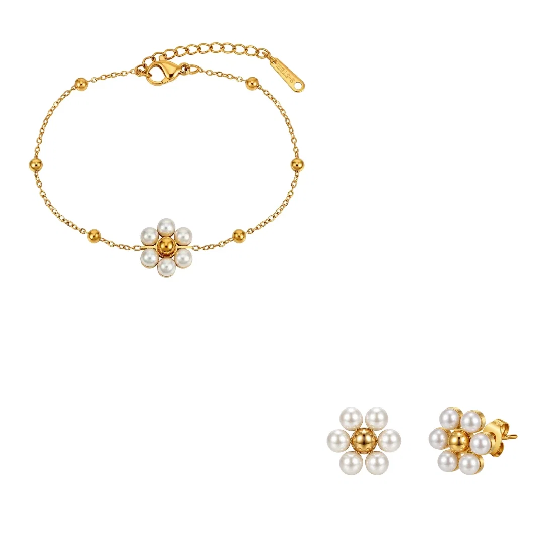 Set Brățară și Cercei Statement cu Perle Shell Blossom Auriu [1]